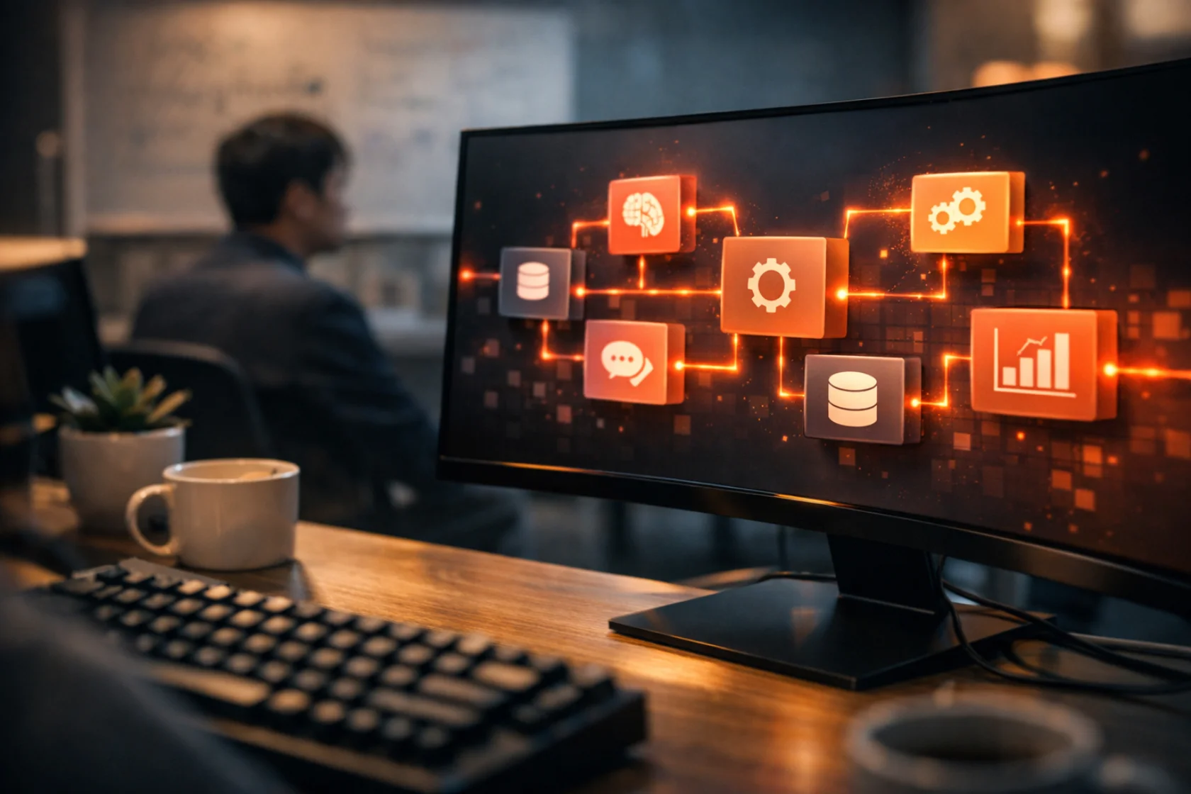 モニターにAI・データ処理・分析のアイコンが表示されたオフィスのデスク。AIテクノロジー基盤のイメージ。
