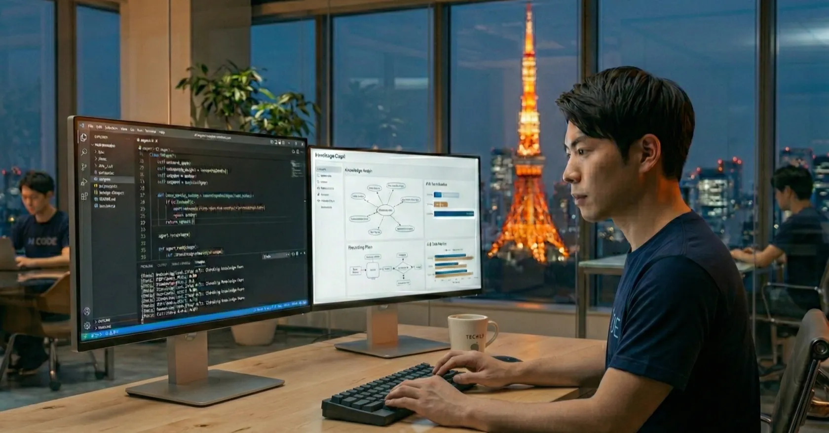デュアルモニターでコードと分析画面を操作するエンジニア。AIソリューションの実装・改善のイメージ。