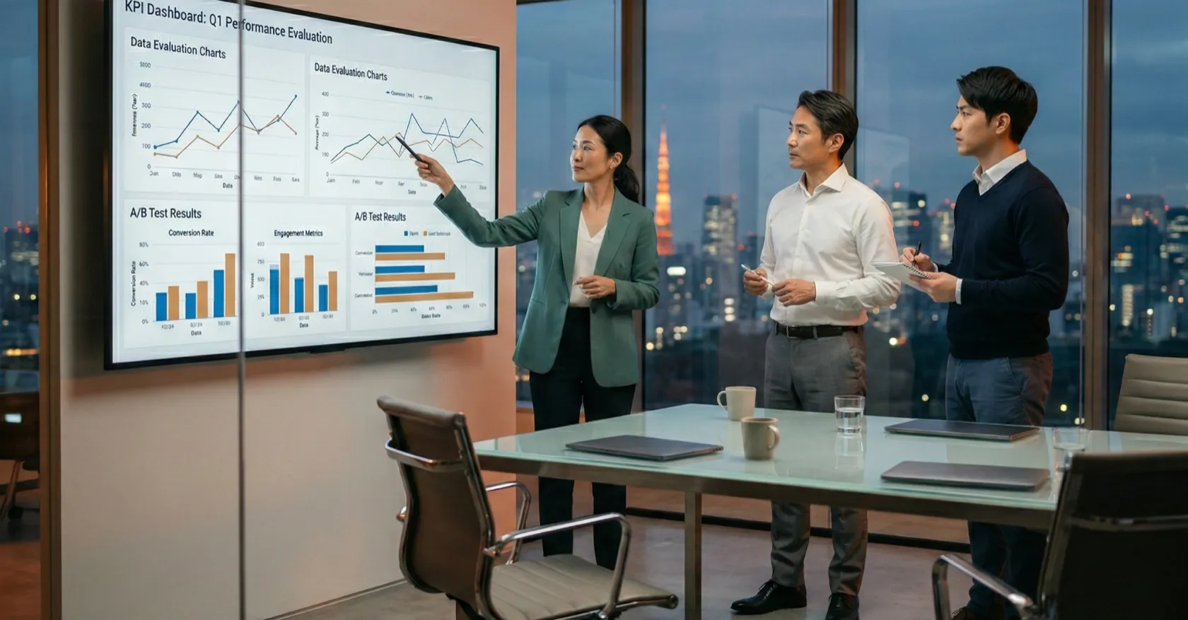 KPIダッシュボードを使って評価結果をプレゼンテーションするビジネスチーム。クライアントとの共同検証のイメージ。