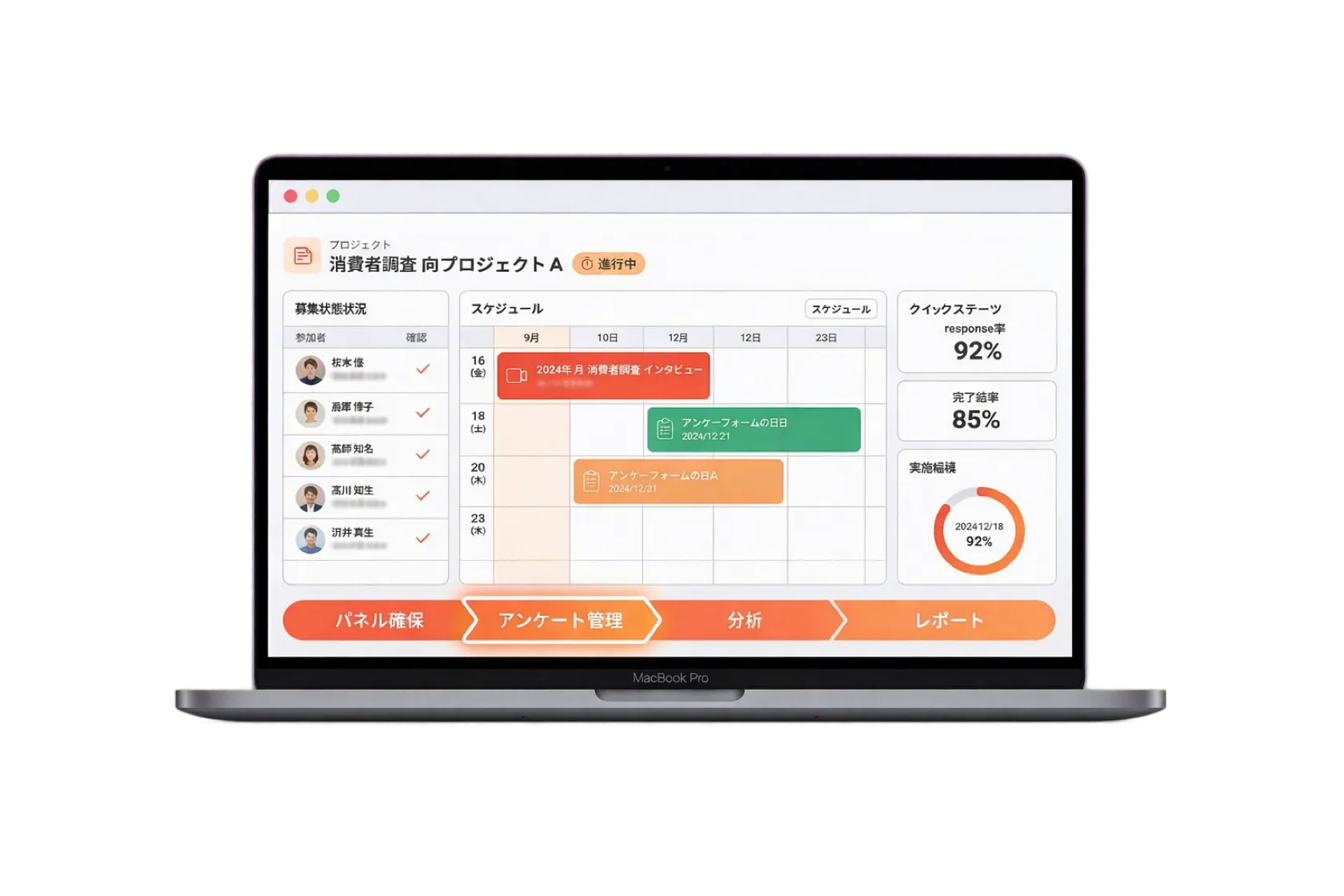 消費者調査プロジェクトの管理画面。パネル確保、アンケート管理、分析、レポートまでの一気通貫オペレーション。